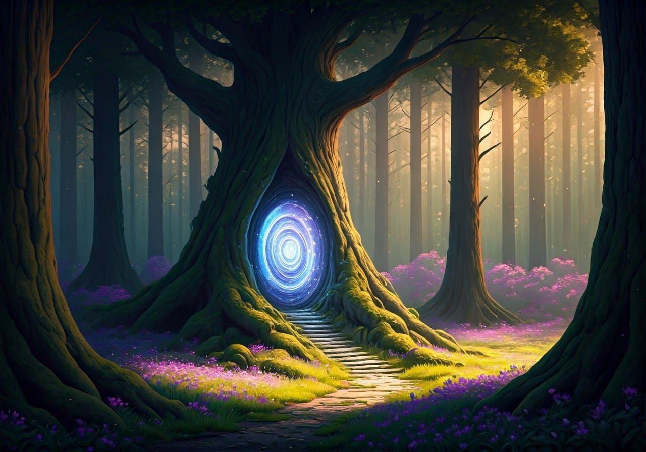 Enchanted Realm Portal Shines Bright in Sunlit Forest