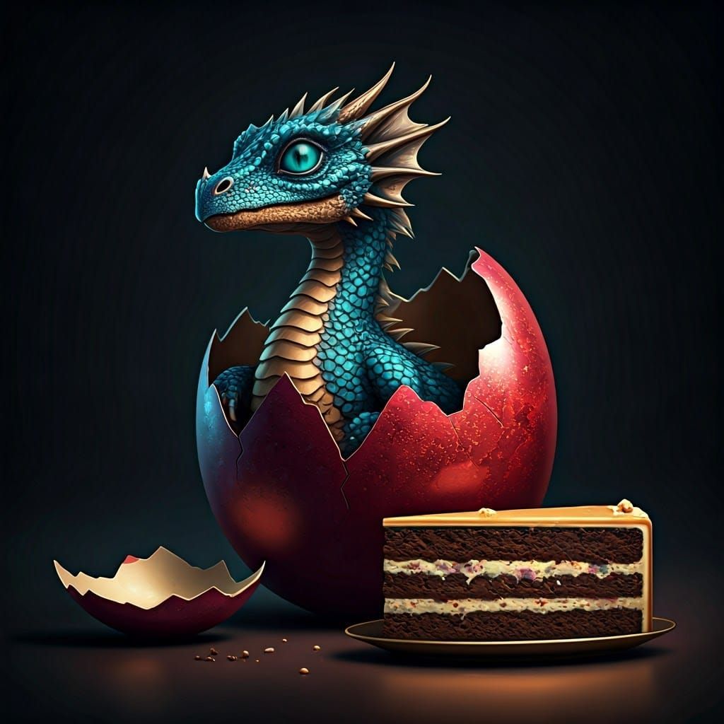 Iridescent Dragon Hatching From Cake Egg