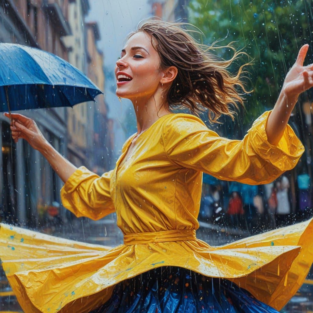 Girl Dancing in Rain: Vibrant Fauvist Oil Painting