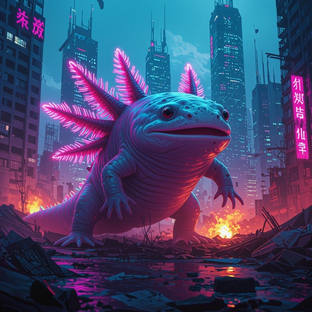 Kaiju Axolotl Wreaks Havoc in Cyberpunk City