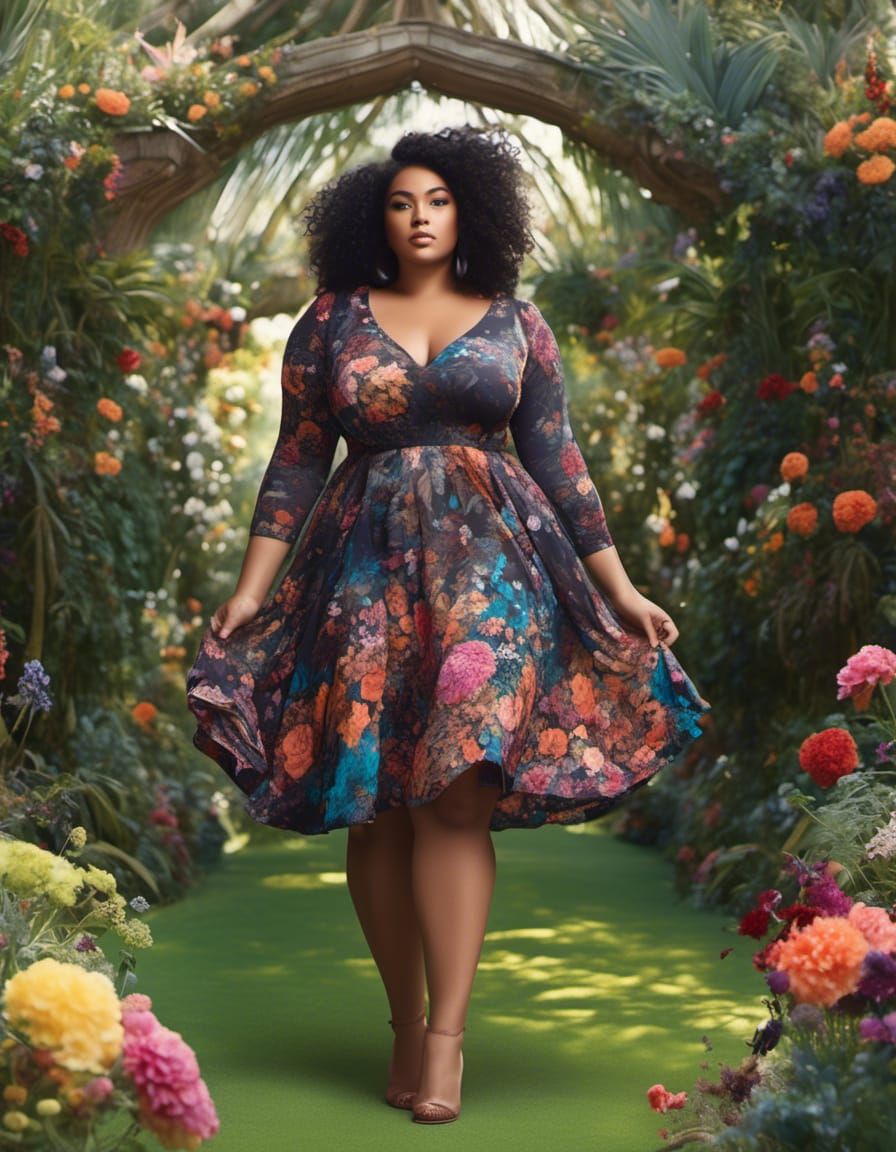 Hyperreal Portrait of Curvy Woman in Floral Dress