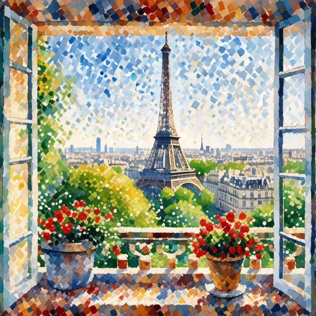 Eiffel Tower View Through Window in Impressionist Style