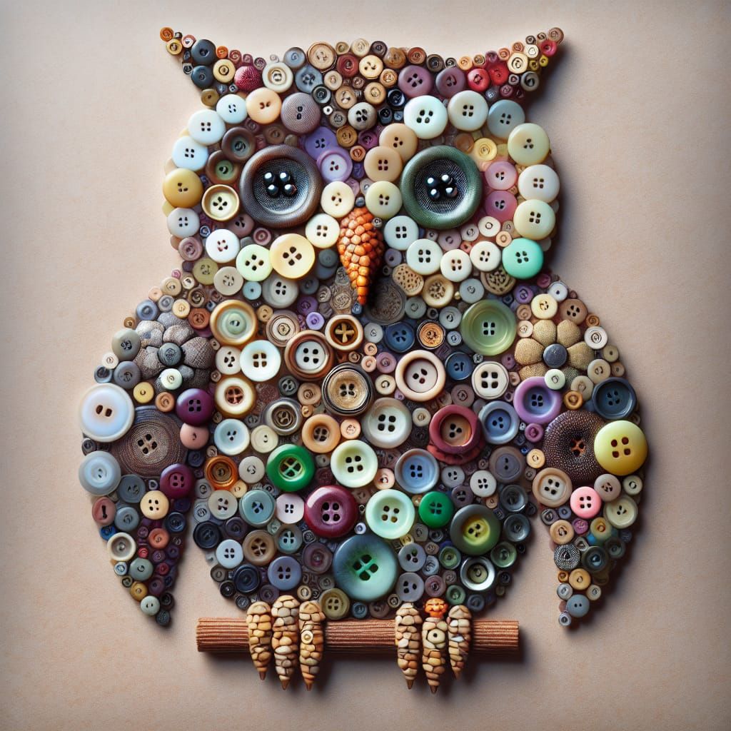 Detailed Owl Sculpture Made of Recycled Buttons