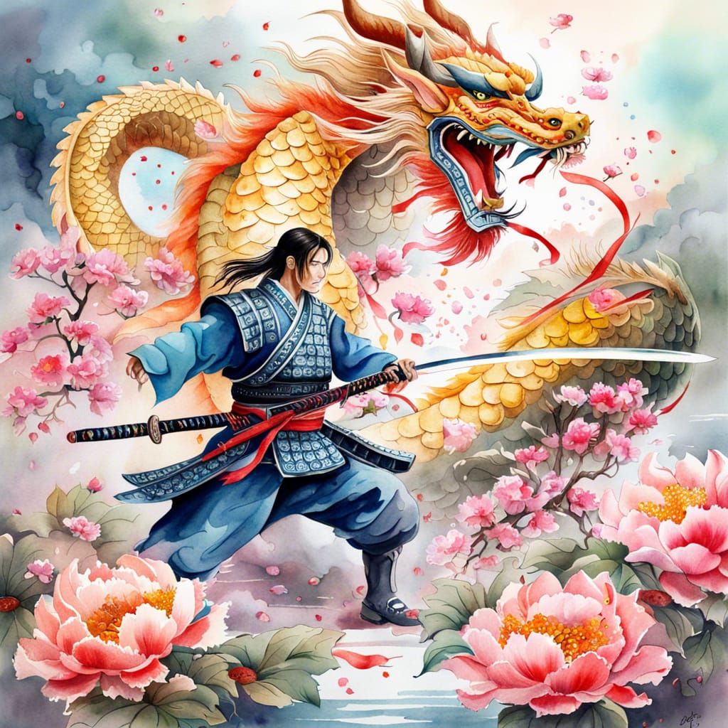 Samurai Dragon Battle in Watercolor Style