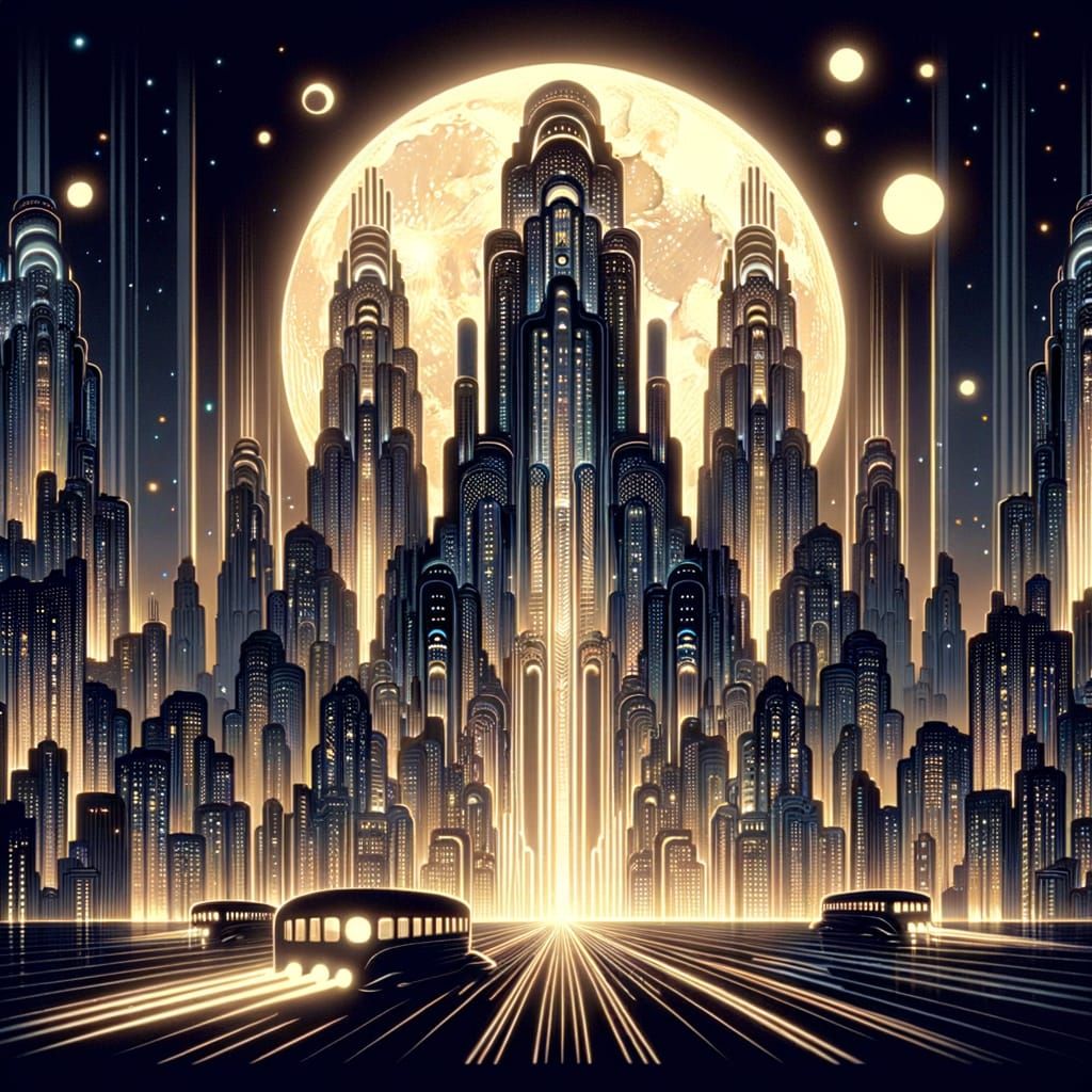 Moonlit Art Deco Cityscape with Futuristic Air Cars