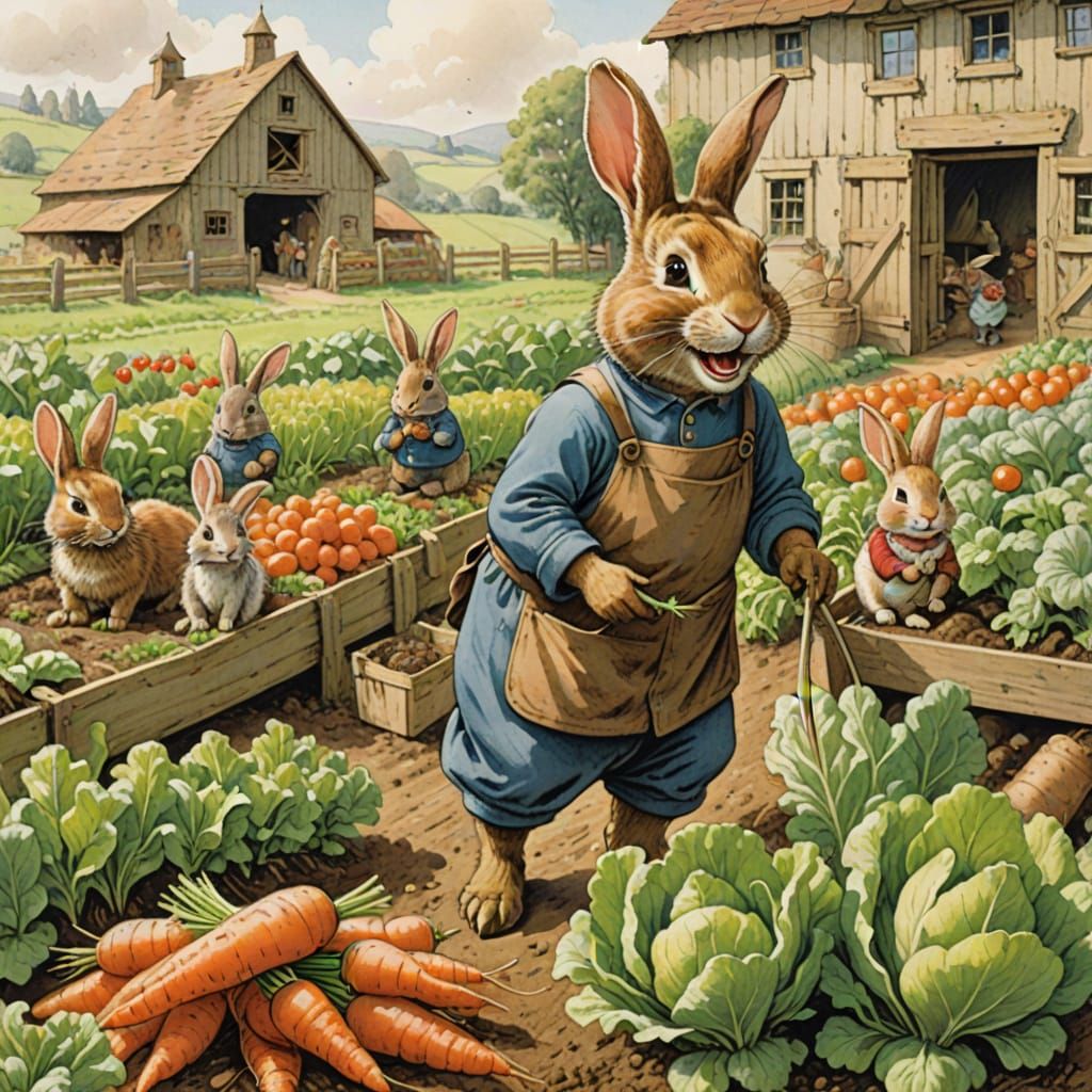 Whimsical Bunnies Tend to Garden in Beatrix Potter Style