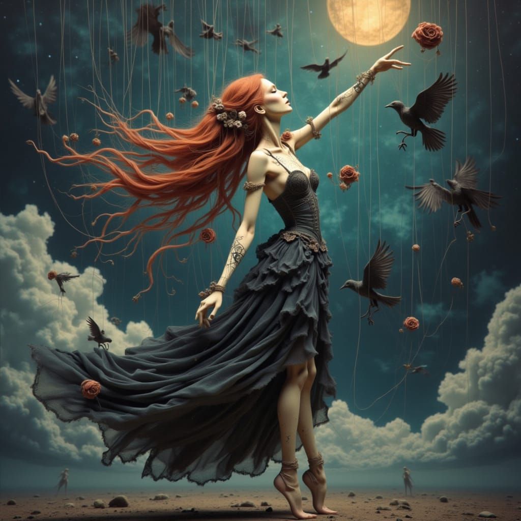 Fae Queen Dancing Under Starry Sky as Oil Painting