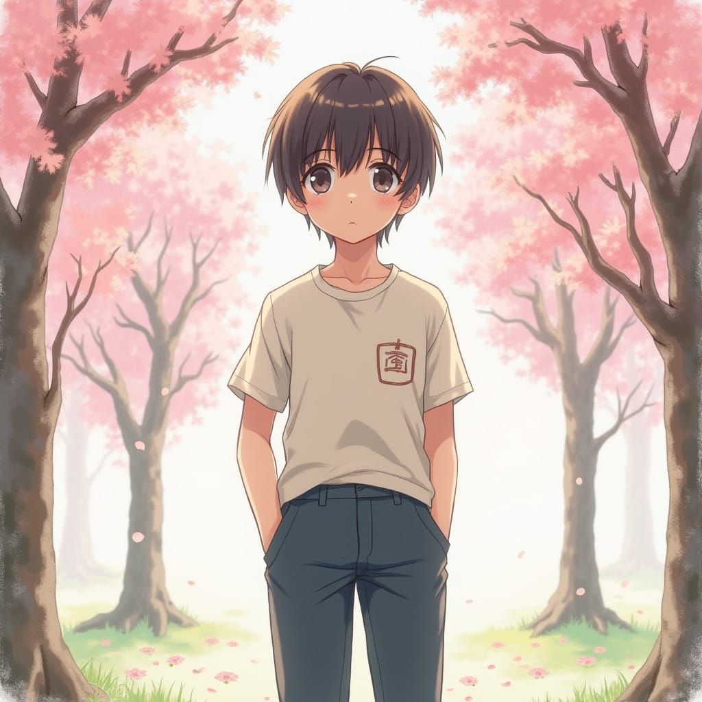 Japanese-Inspired Anime Boy in Cherry Blossom Garden