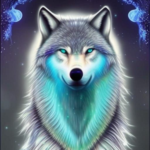 Sliver wolf with iridescent blue highlights& pearlescent blue highlights& iridescent white highlights& ethereal vibes& m...