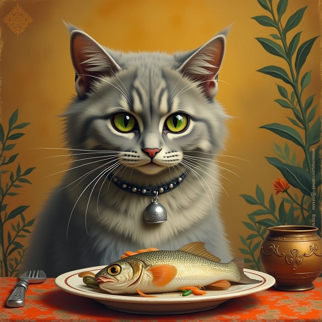 Mystical Cat Contemplates Golden Fish