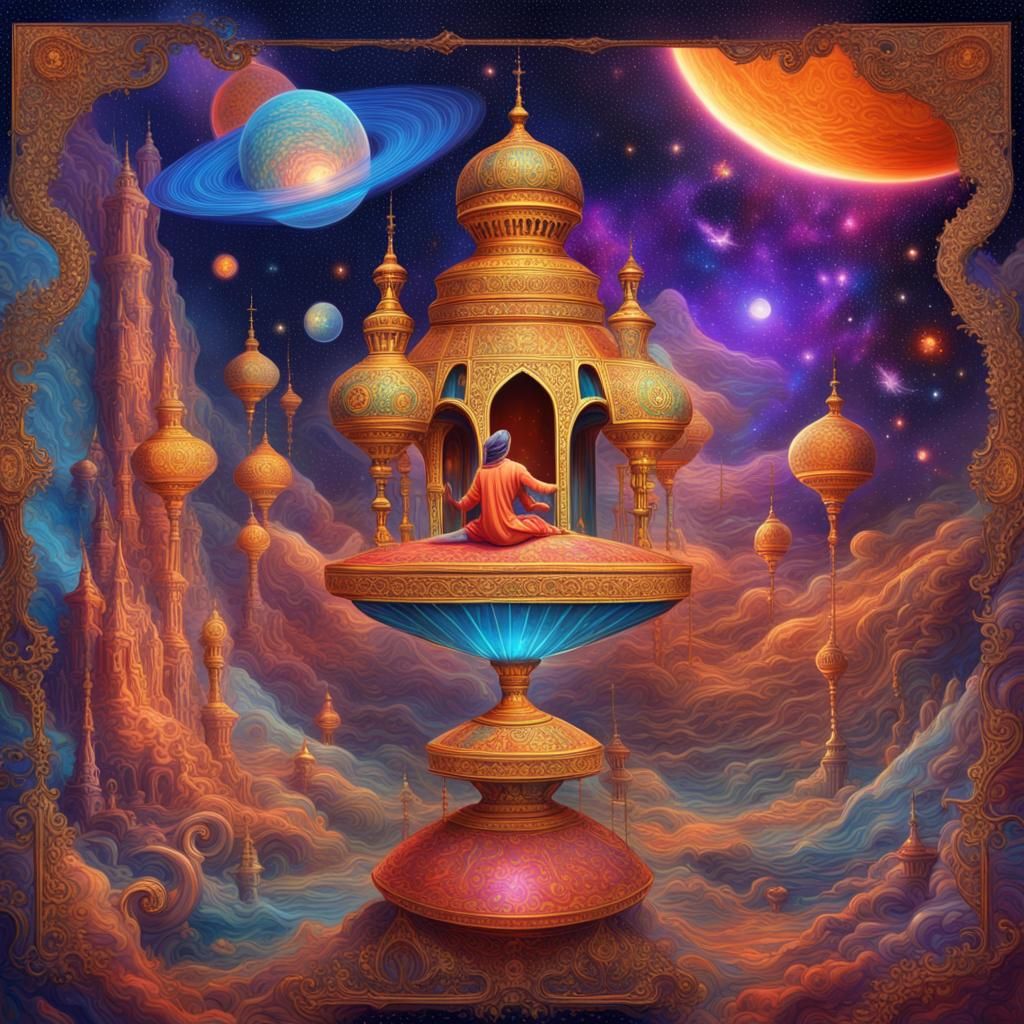 Aladdin and the magic carpet in outer space 8k resolution holographic astral cosmic illustration mixed media by Pablo ...