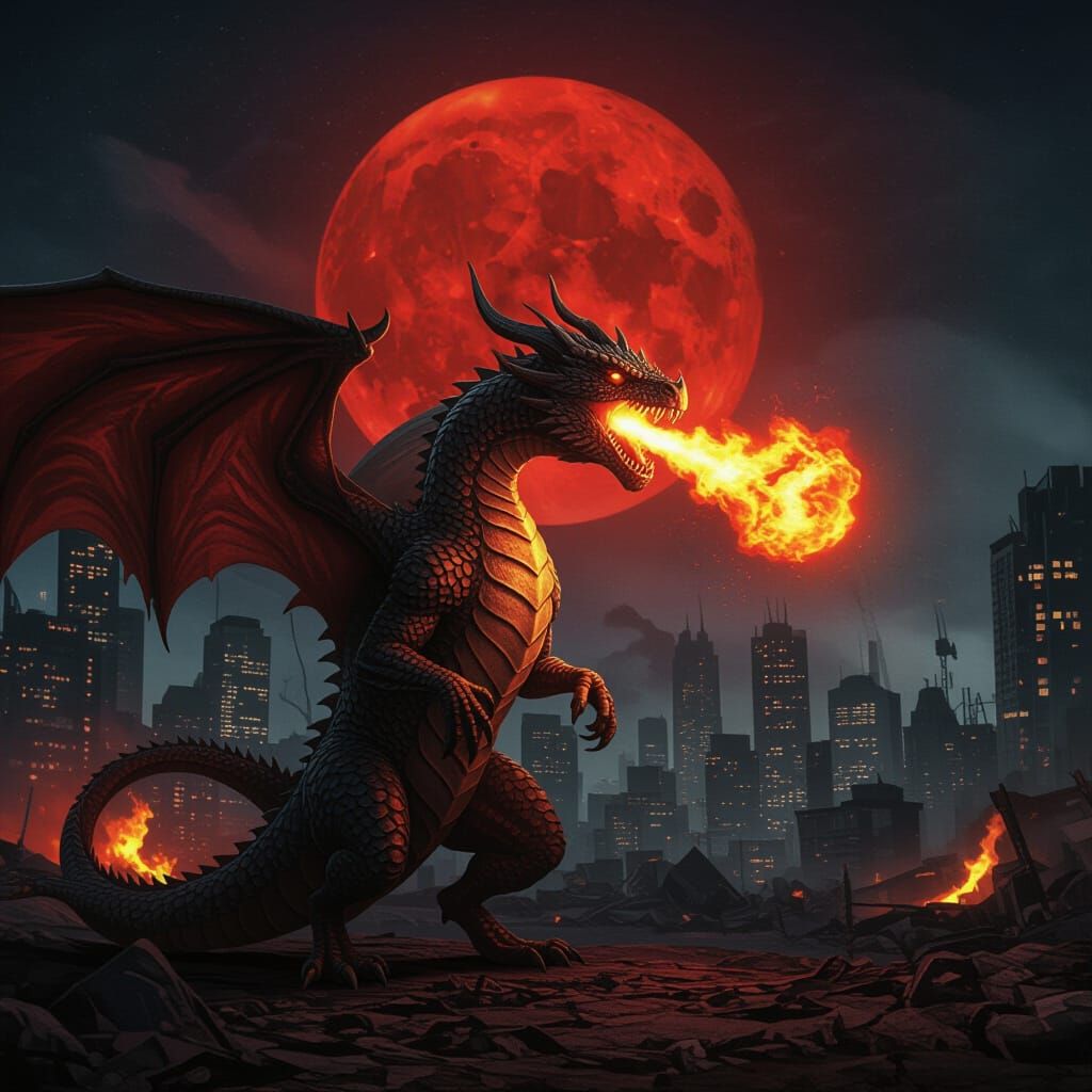 Fire Basilisk Dragon in Apocalyptic City