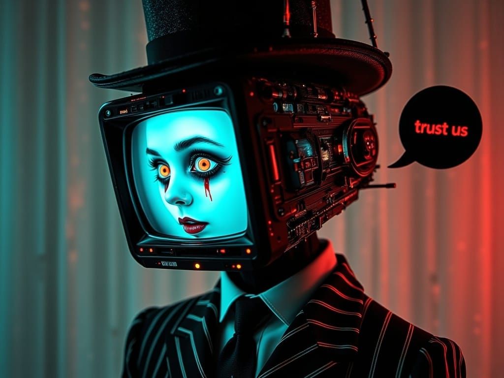 Glitched Monitor-Face Horror in Dark Fantasy Style