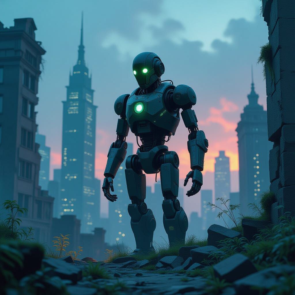 Automaton in Ruined City with Bioluminescent Moss