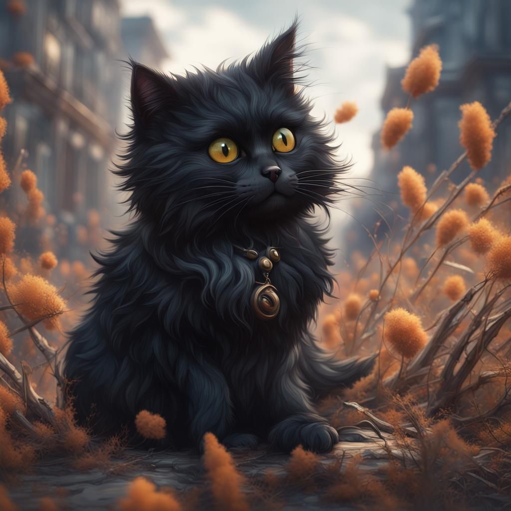 Windblown Black Cat in Detailed Pencil Sketch