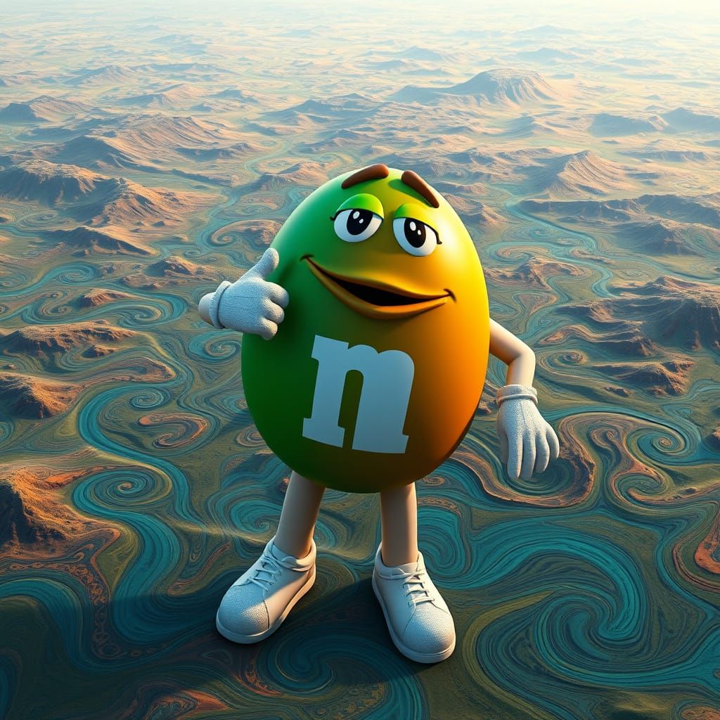 Eminem as a Heroic M&M in Vibrant Fantasy Landscape