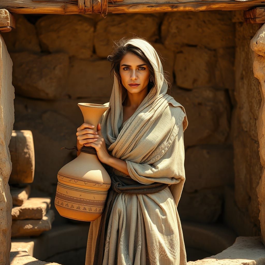 Ancient Desert Woman Collects Water from a Well