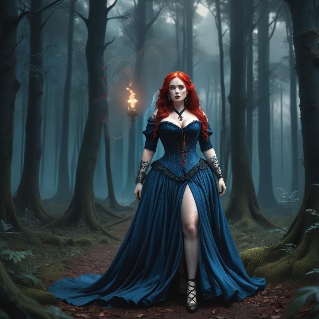 Curvy Woman in Blue Dress Lost in Gloomy Forest