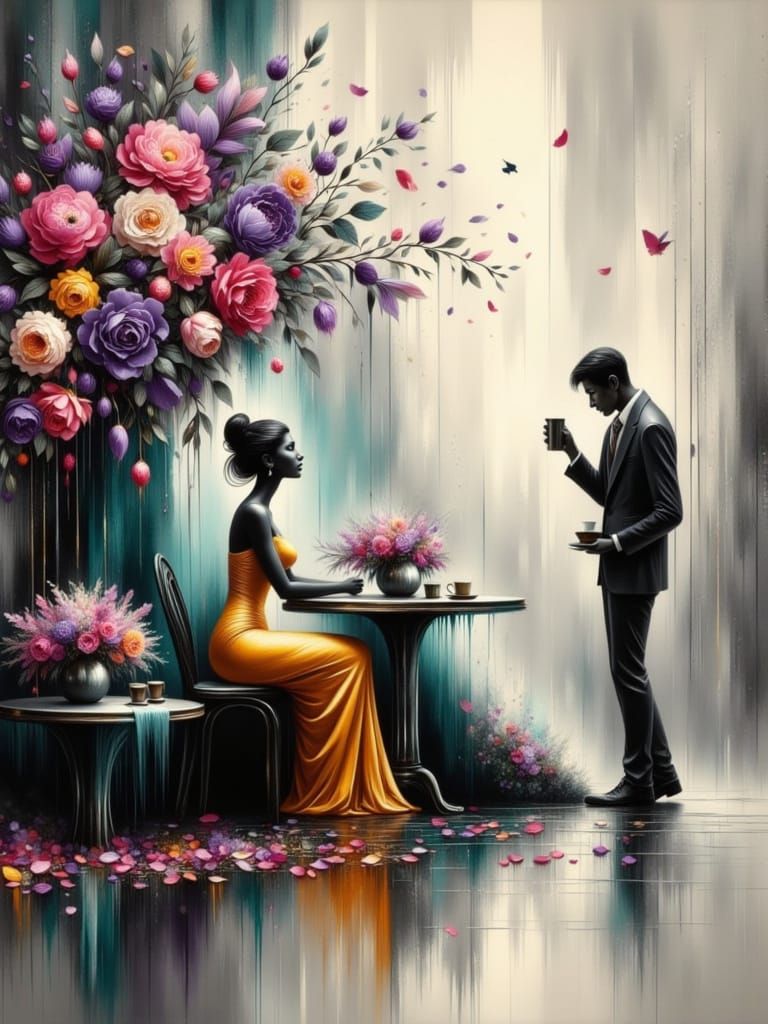 Romantic Abstract Painting on Rain-Soaked Street