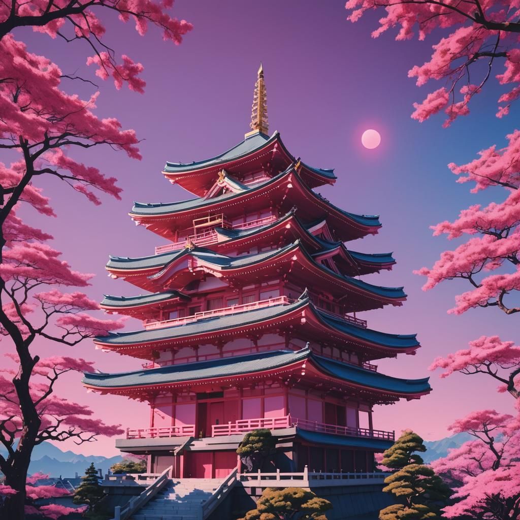 Japanese Temple with Cherry Blossoms in Synthwave Style