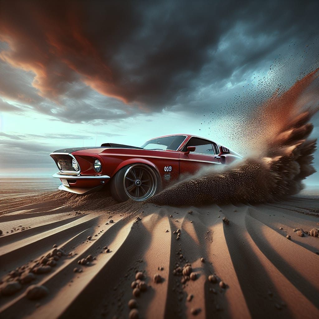 Red 1969 Mustang Drifting on Beach at Sunset