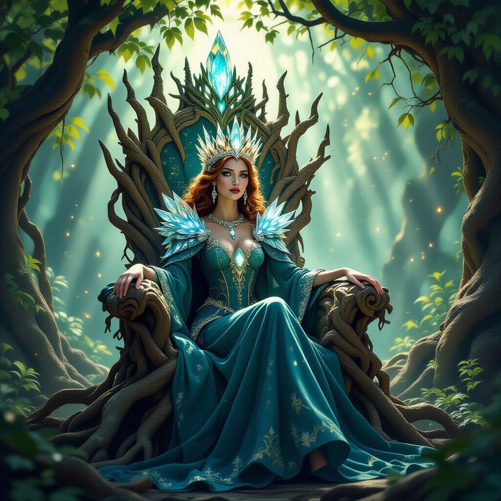 Regal Queen in Fungal Crown on Crystal Throne