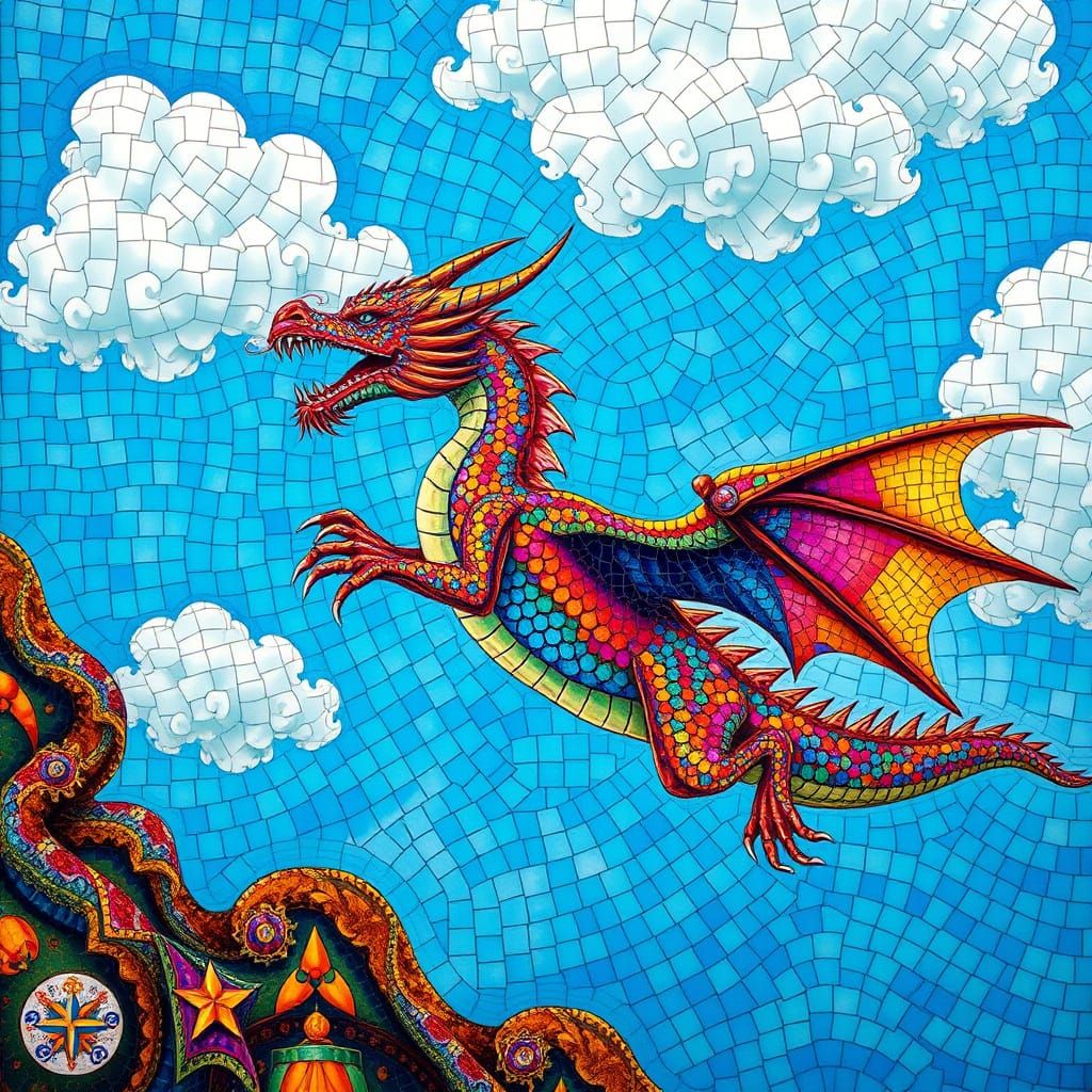 Byzantine-Style Mosaic Dragon in Flight