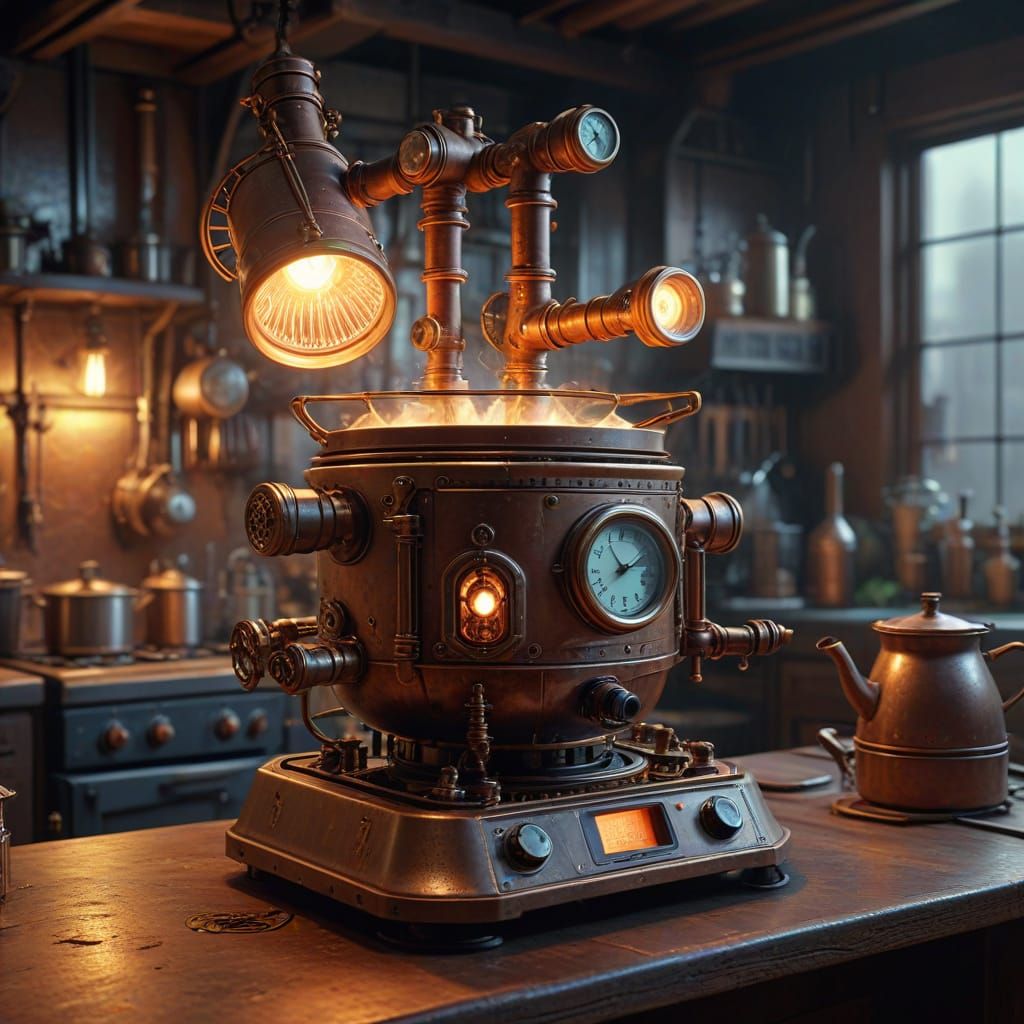 Steampunk Self-Cooking Robot Pots in Rustic Kitchen
