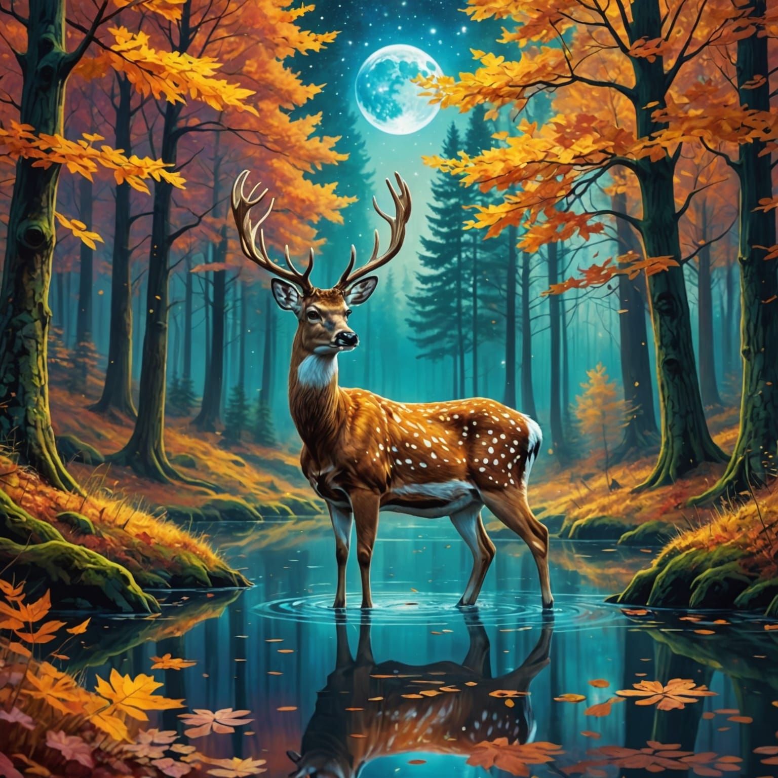 Fallow Deer in Autumn Forest: Cosmic Illustration