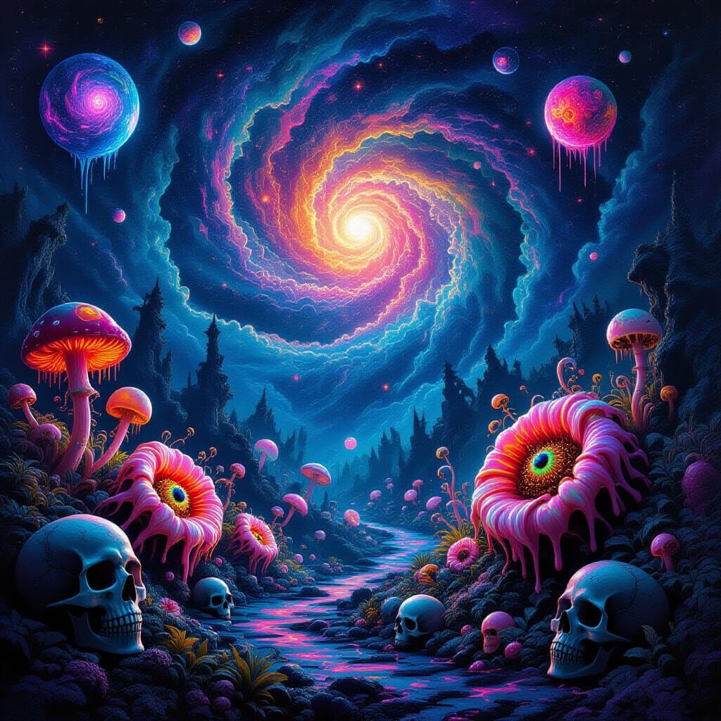 Cosmic Horror Nightmare: Alien Garden Under Neon Galaxies