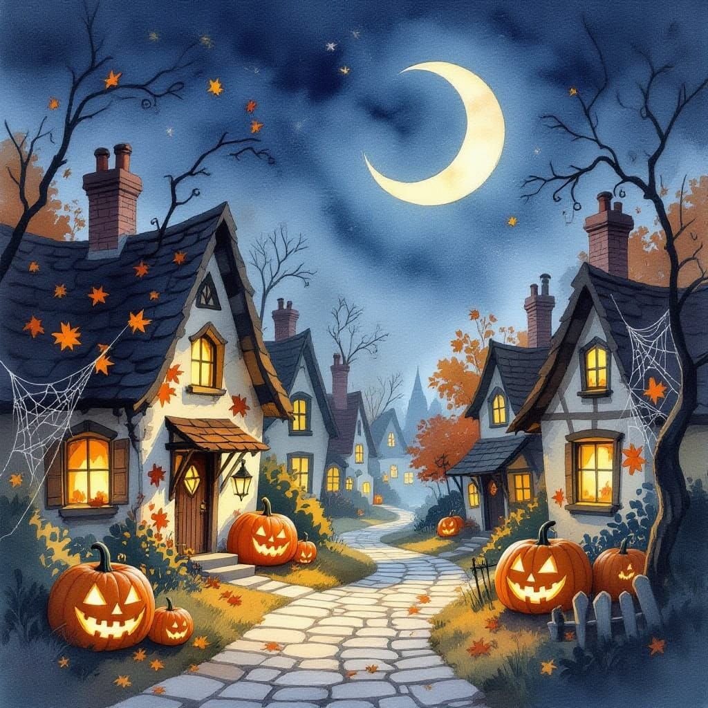 Whimsical Halloween Village Watercolor Painting