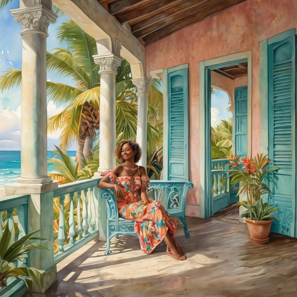 Jamaican Woman on Beach House Porch in Art Nouveau Watercolo...