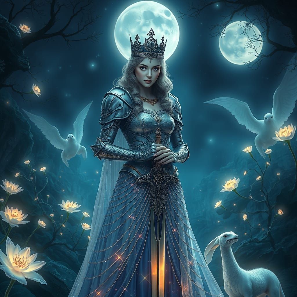 Celestial Knight in Moonlit Garden, Photorealistic Fantasy