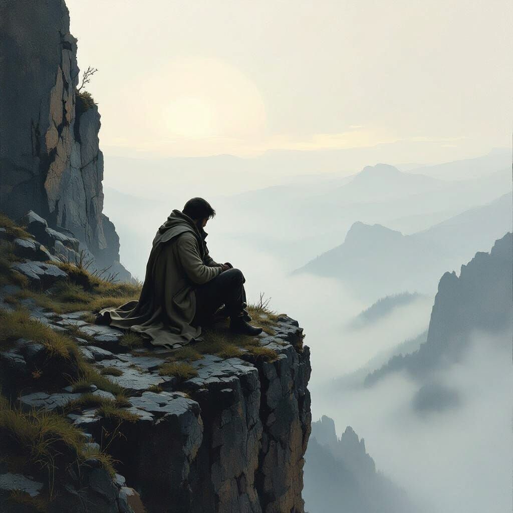 Solitary Figure on Misty Cliff in Romantic Style