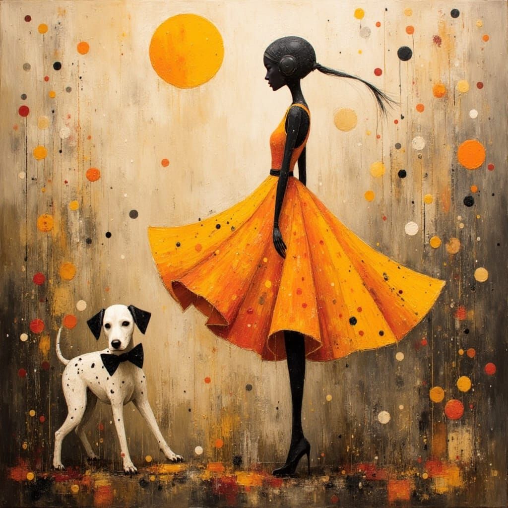 Android and Puppy in Polka Dot Landscape as Oil Painting