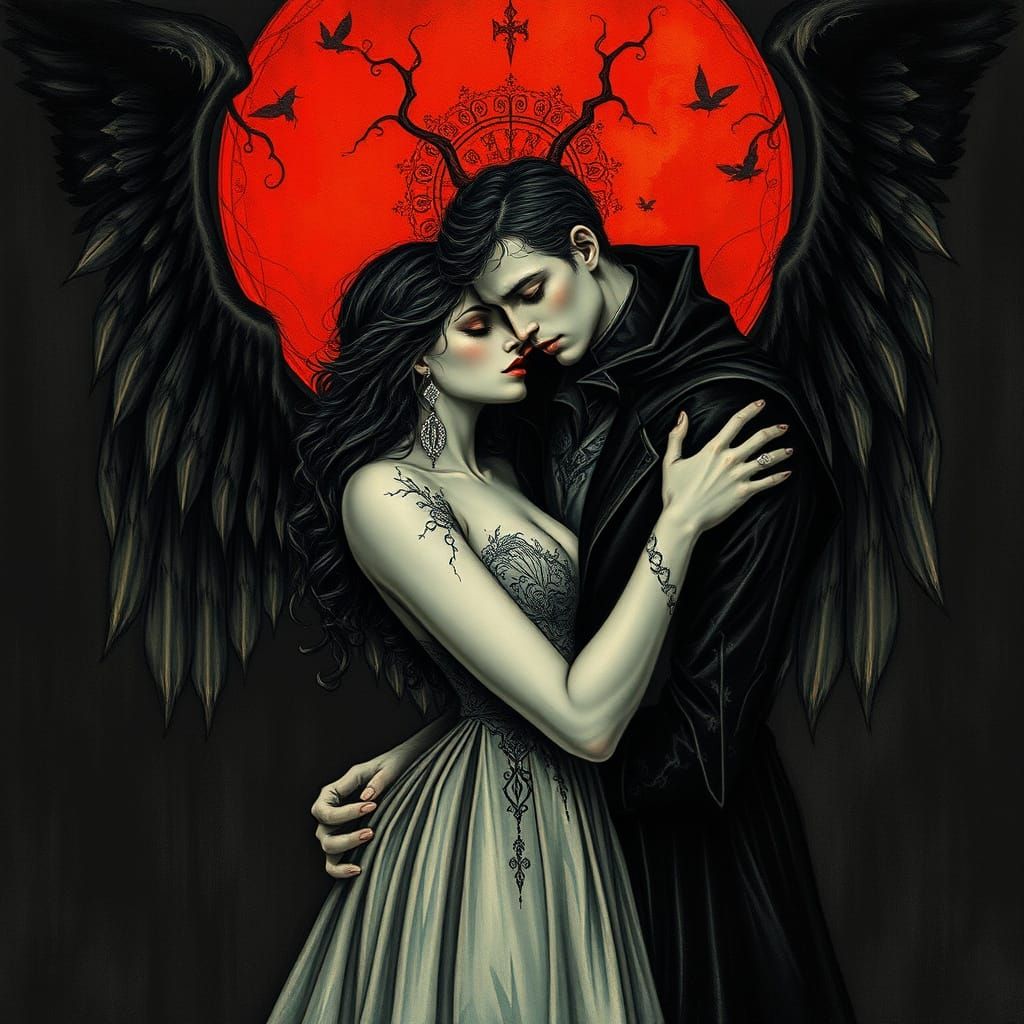 Vampire Couple Embrace in Acoustic Gothic Style