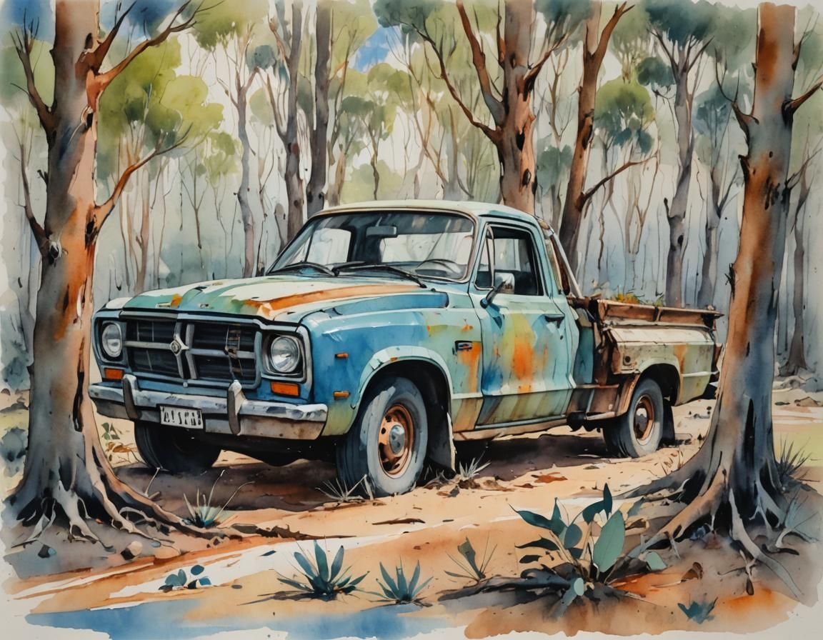 Australian UTE in Eucalyptus Forest, Quentin Blake Style