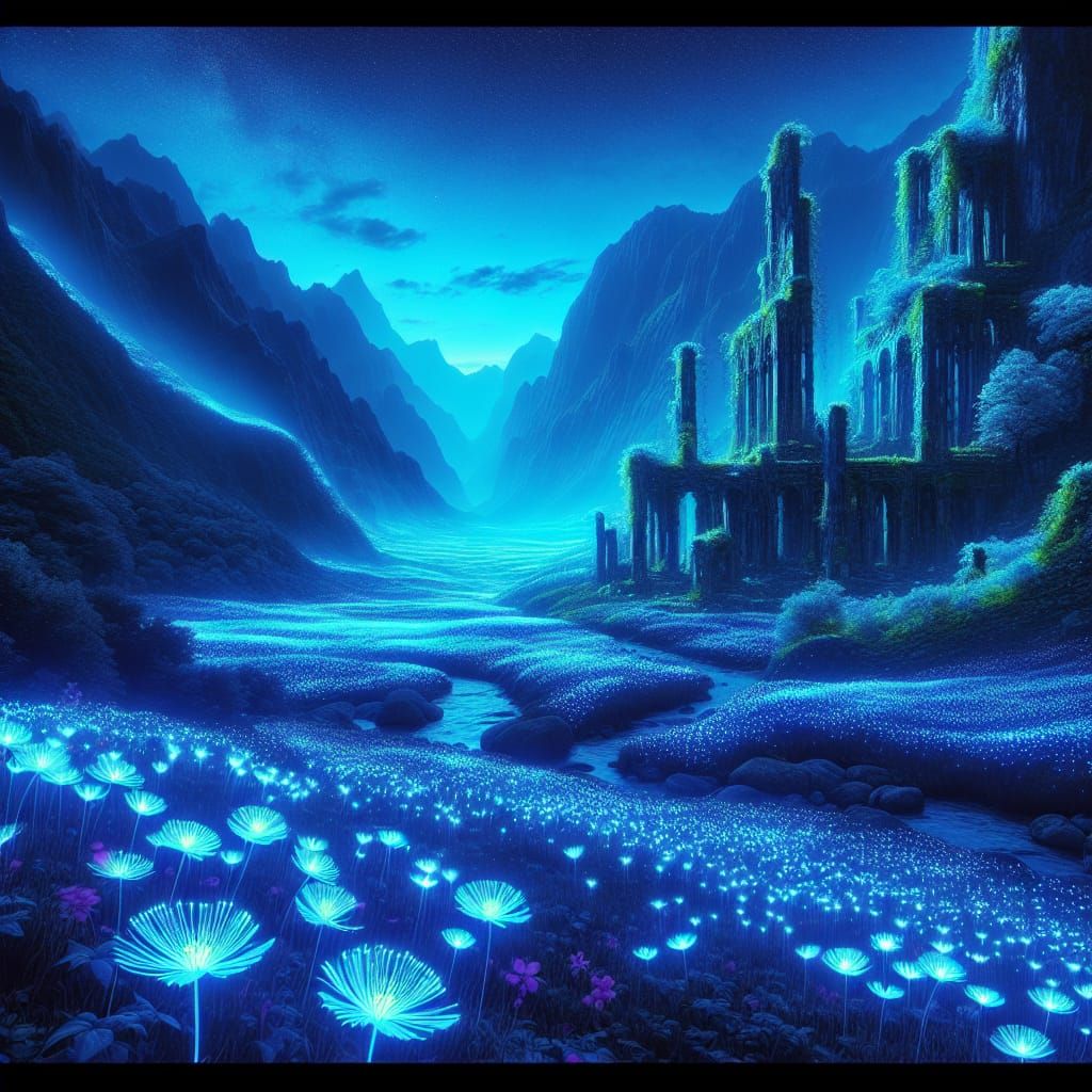 Bioluminescent Flowers Bloom in Valley Ruins