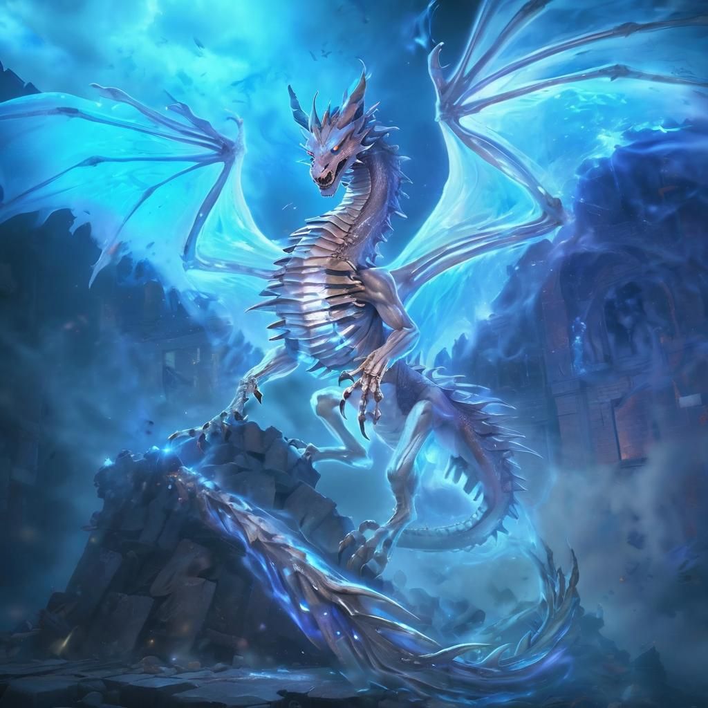 Ghost Dragon on Ruins in Ethereal Anime Style