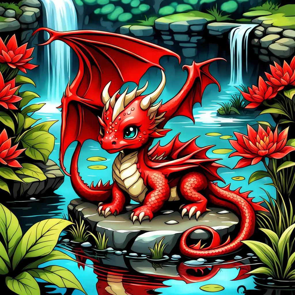 Chibi Red Dragon at Mystical Pond