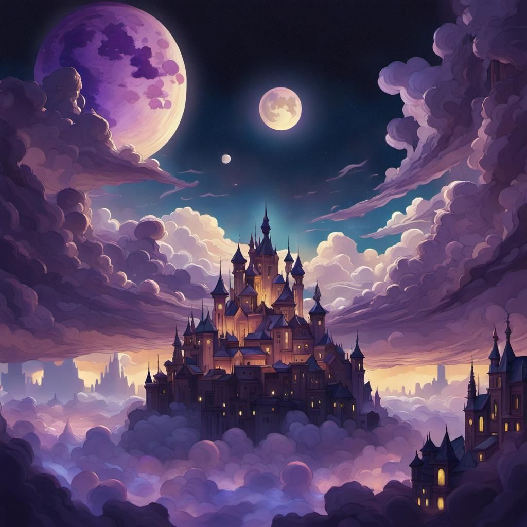 Jewel-Toned Cloud City in Starry Sky