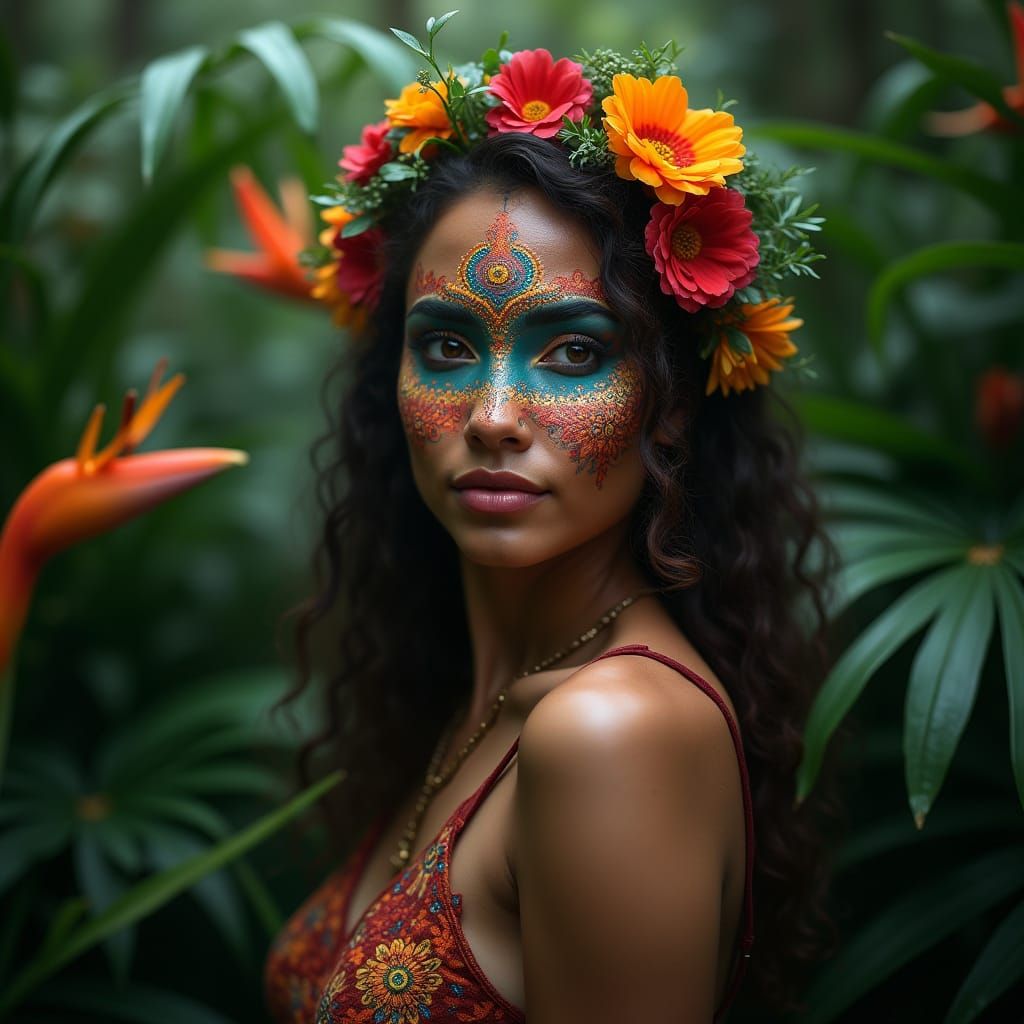 Woman with Tribal Face Paint in Rainforest