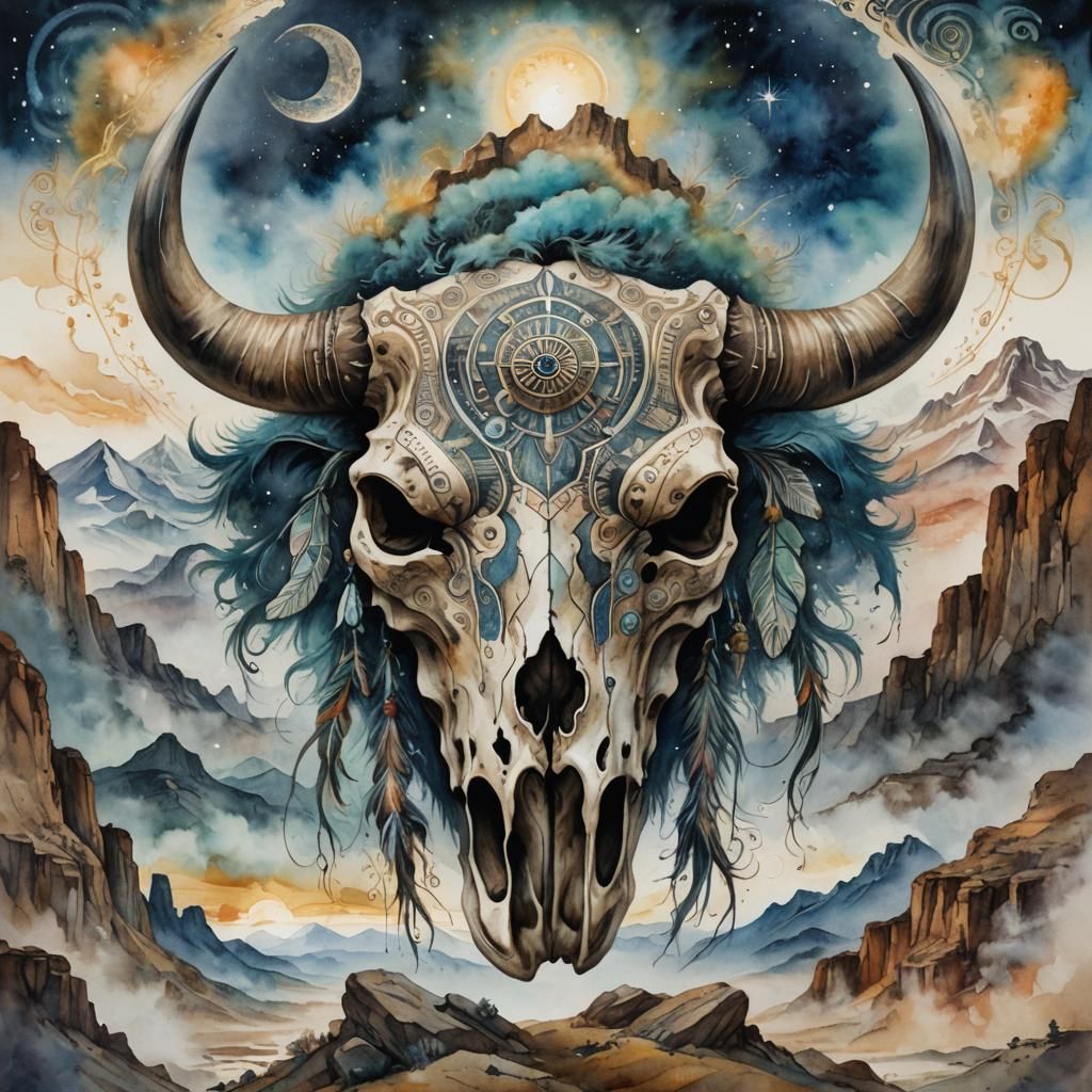 Mystical Buffalo Skull Watercolor Painting