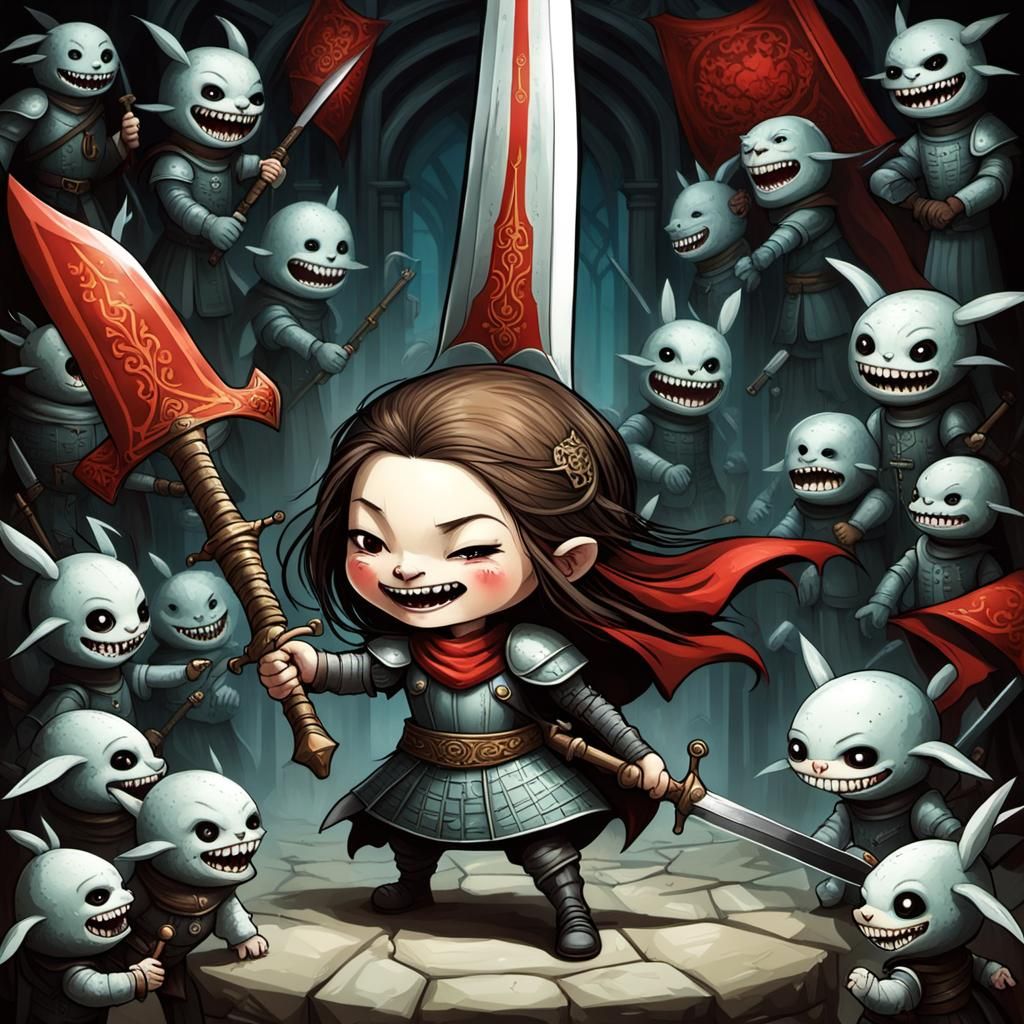 Girl with Sword Ready to Fight Robots