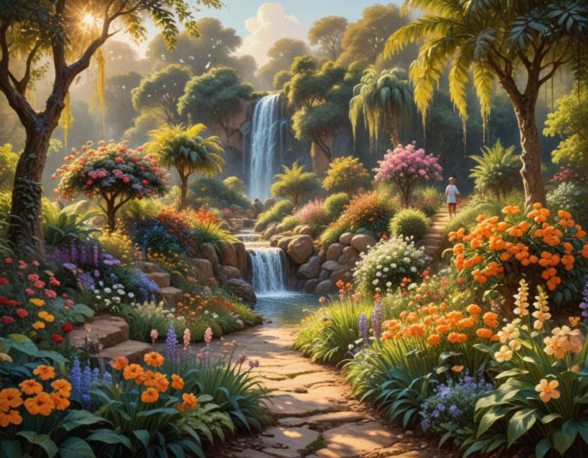 Impressionist Tropical Garden Oasis with Waterfall