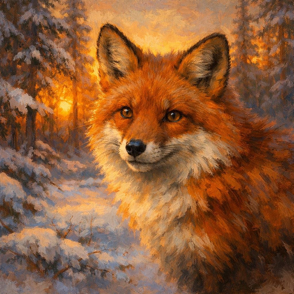 Fox in Winter Forest at Sunset, Painterly Realism