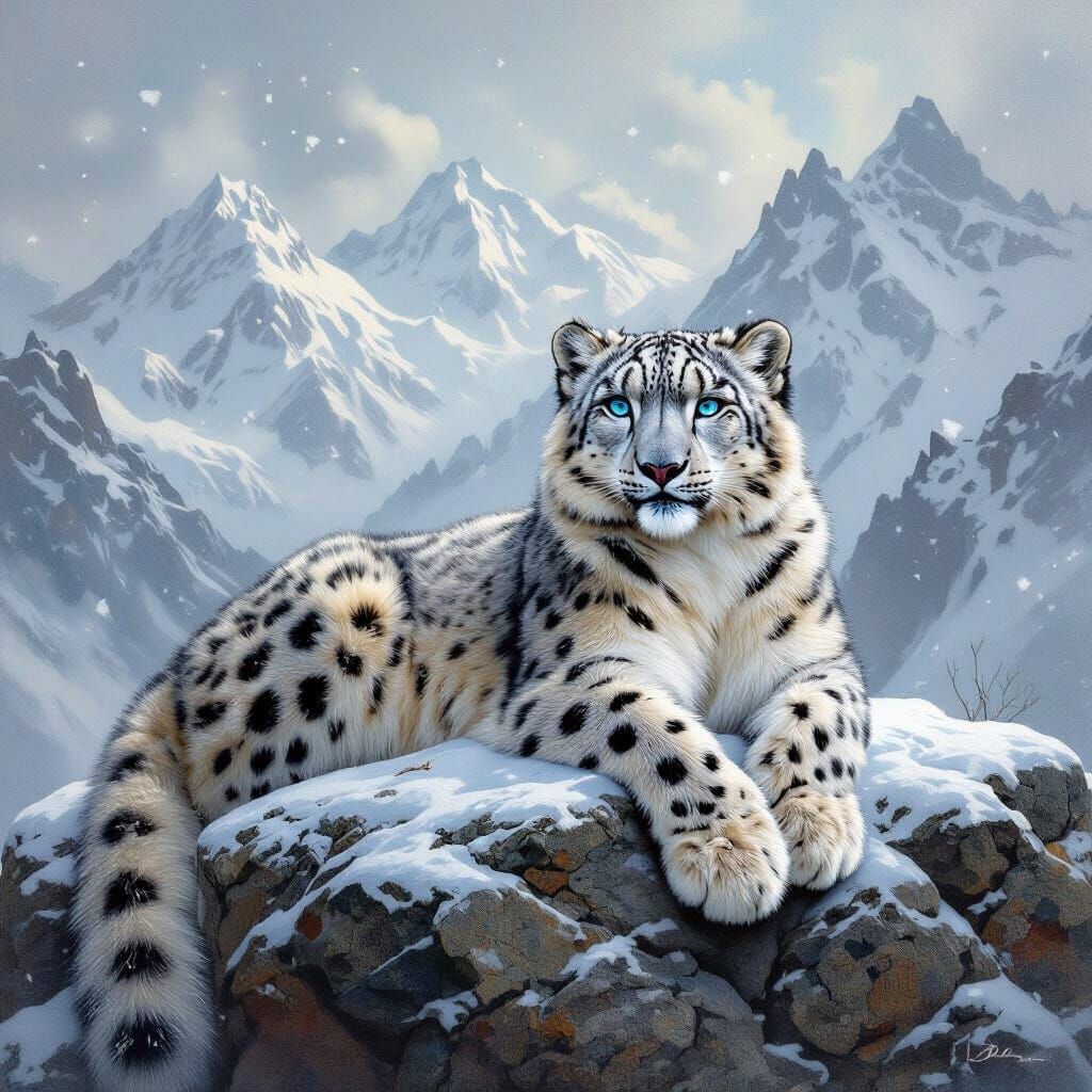 Snow Leopard on Snowy Peak in Wildlife Painting Style