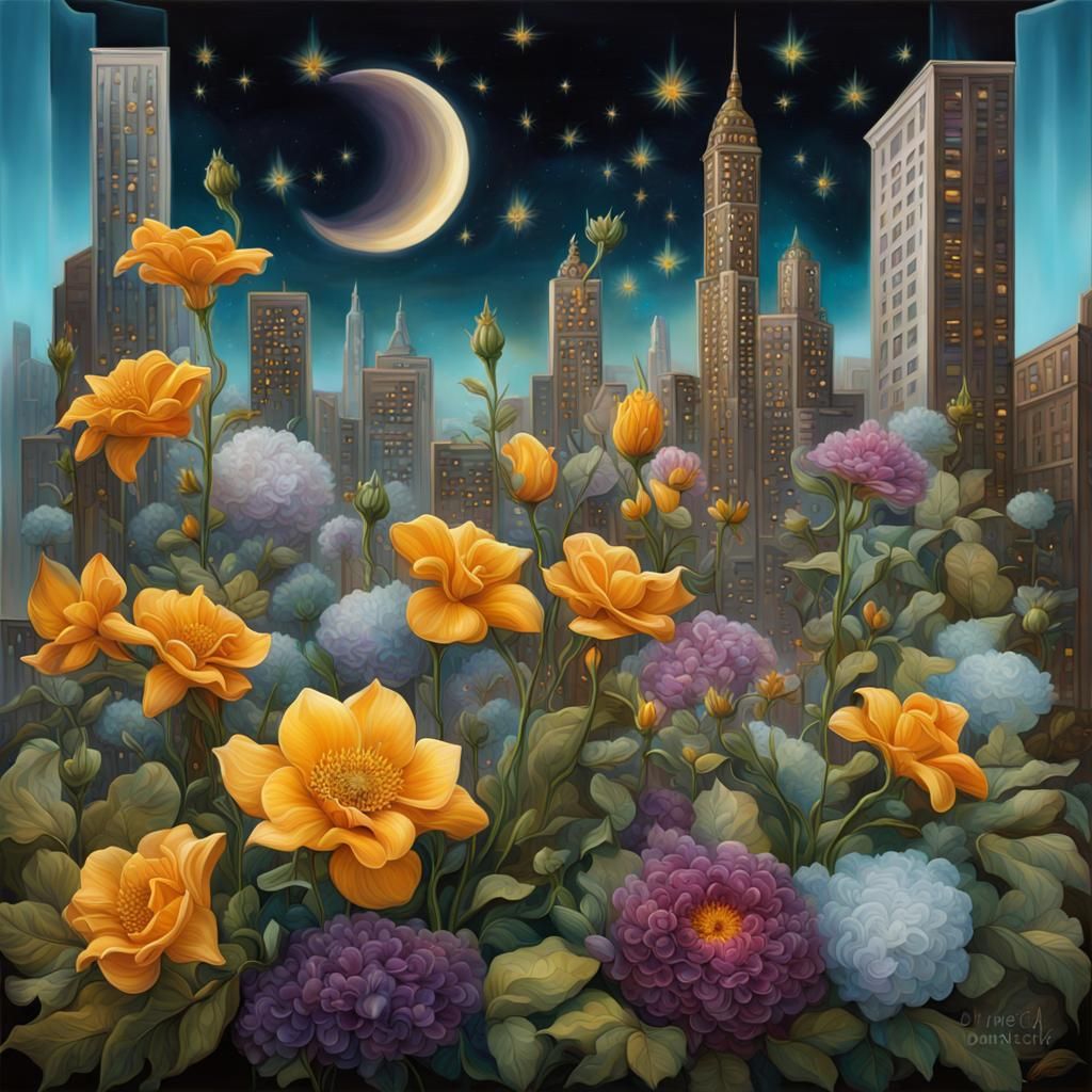 Photorealistic Urban Garden Still Life in Gouache Style