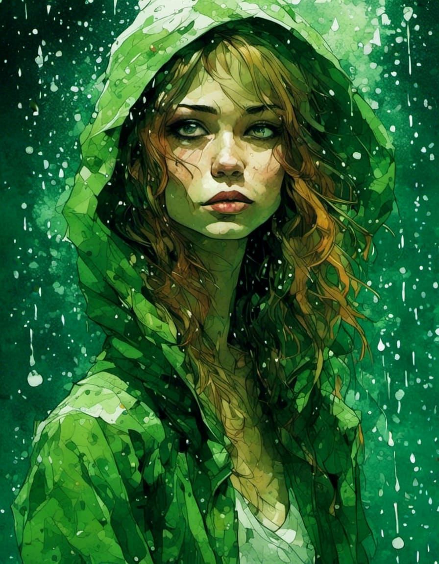 <lora:Model X:1.0> portrait of a psychic jade girl, standing in rain, detailed expressive green eyes, moody smile