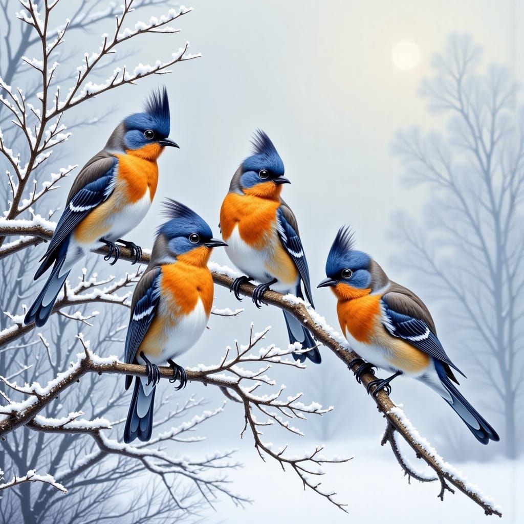 Ethereal Winter Scene of Majestic Birds on Frosty Branch